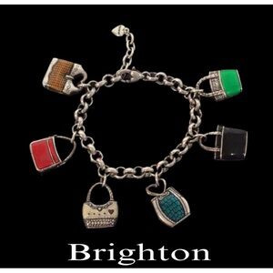 BRIGHTON Enameled “Handbag” Charms Silvertone Chain Bracelet, Adjustable Vintage